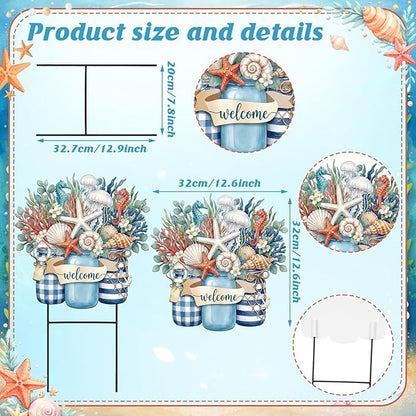Amyhill Summer Outdoor Decor Coastal Garden Stake 25 Inch Metal Ocean Welcome Yard Sign with Seashell Starfish, Outdoor Nautical Decor for Patio Lawn Walkway Beach Themed Decorations