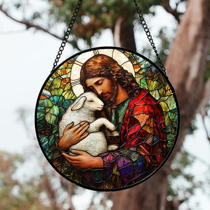 DASTOLL Stained Glass Window Hanging, Jesus Little Lamb Sun Catchers Colorful Glass Panel Christianity Suncatcher Decor for Birthday for Women, Men, Wife, Aunt, and Mom 14.9x14.9 in