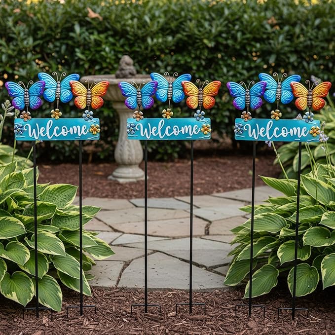 Large Butterfly Garden Stakes 42.1inch with Welcome Sign and Flowers, Butterfly Garden Decor Metal Yard Art for Spring, Lawn Ornaments, Pathway, Outdoor Summer Decorations