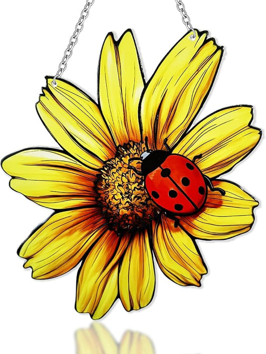 Sunflower and Ladybug Stained Glass, Sunflower Suncatcher for Window, Hanging Suncatcher for Grandma/Mom/Women