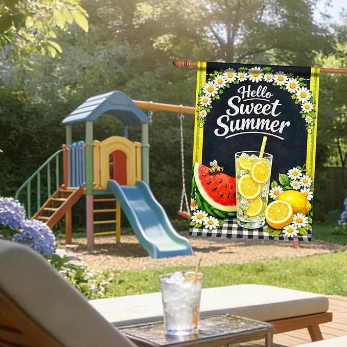Nuxovilar Large Summer Garden Flag Hello Sweet Summer Lemon Watermelon Daisy Pattern Polyester 28×40 Inches Garden Flags for Outside Seasonal Decor Yard Porch Lawn