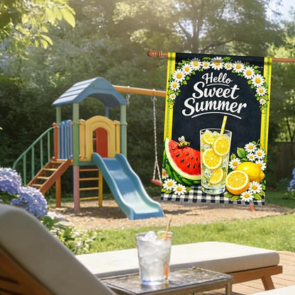 Nuxovilar Large Summer Garden Flag Hello Sweet Summer Lemon Watermelon Daisy Pattern Polyester 28×40 Inches Garden Flags for Outside Seasonal Decor Yard Porch Lawn