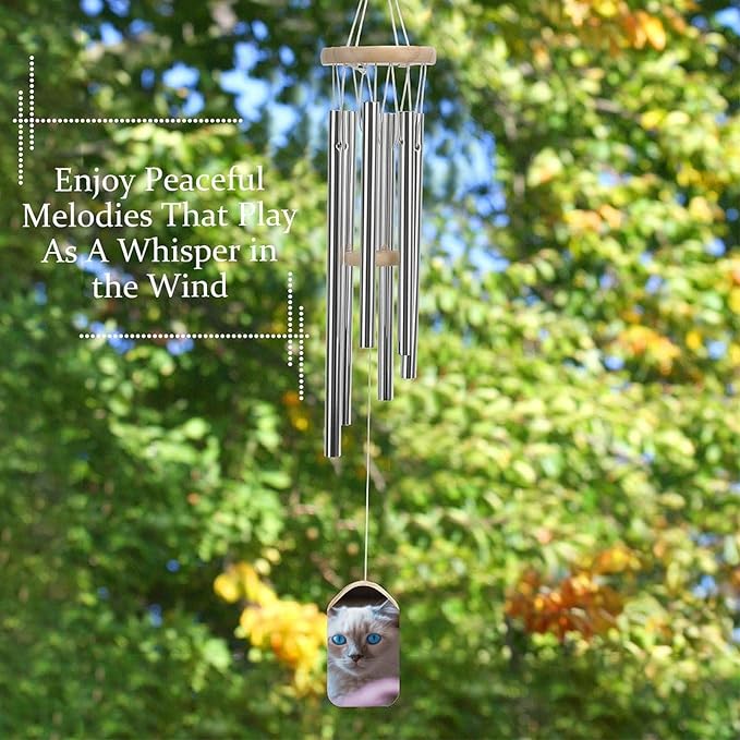 Wind Chimes for Outside,Blue Eyed Cat Printed Cute Aluminium Windchimes Outdoors,Soothing Melodic Memorial Wind Chime for House Porch Patio Garden Balcony Decor