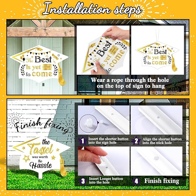Chunful 12 Pack Graduation Yard Signs Grad Decoration 2026 Happy Graduate Lawn Garden Sign with Stake Congrats Outdoor Plastic Cap Hanging Ornament for Class Pathway Walkway Porch Party(White Gold)