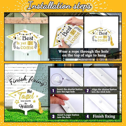 Chunful 12 Pack Graduation Yard Signs Grad Decoration 2026 Happy Graduate Lawn Garden Sign with Stake Congrats Outdoor Plastic Cap Hanging Ornament for Class Pathway Walkway Porch Party(White Gold)