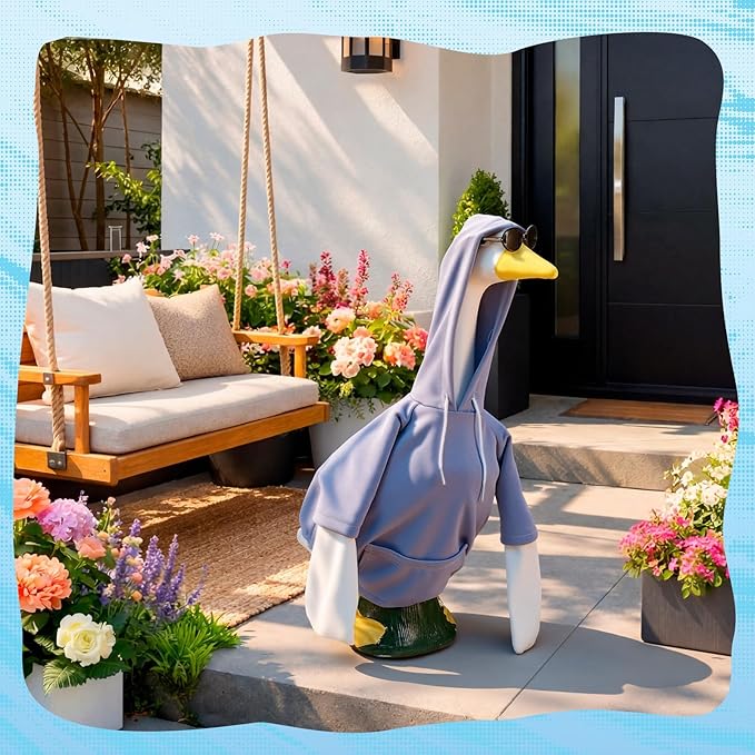 Blue Hoodie Goose Outfit Hooded Sweatshirt Porch Goose Clothes Dress with Wide Hat Sunglass Blue Sweatshirt Geese Costume for 17-23 Inch Geese Statue Luau Outdoor Patio Lawn Yard Garden Decor