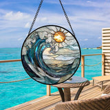 DASTOLL Stained Glass Window Hanging, Blue and White Waves Suncatcher Diamond Glass Panel Landscape Sun Catchers Decor for Birthday for Women, Men, Wife, Aunt, and Mom 14.9x14.9 in