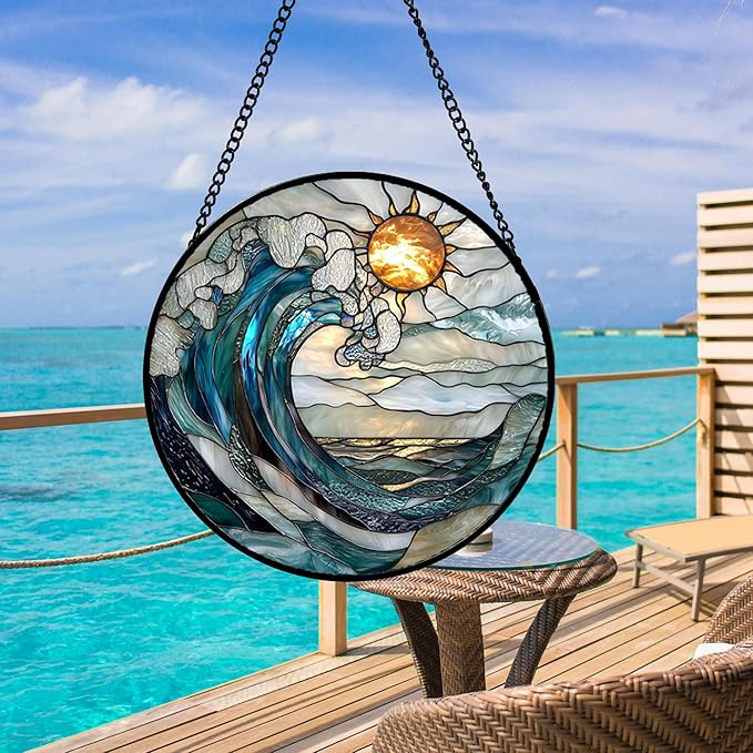 DASTOLL Stained Glass Window Hanging, Blue and White Waves Suncatcher Diamond Glass Panel Landscape Sun Catchers Decor for Birthday for Women, Men, Wife, Aunt, and Mom 6.3 x6.3 in
