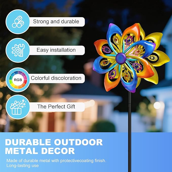 Solar Wind Spinners Outdoor - H60xW13 Metal Yard Art Kinetic Wind Spinners with Colorful LED Crackle Ball, Peacock-Style Windmill for Yard Lawn Garden Decor, Gardening Gifts for Women