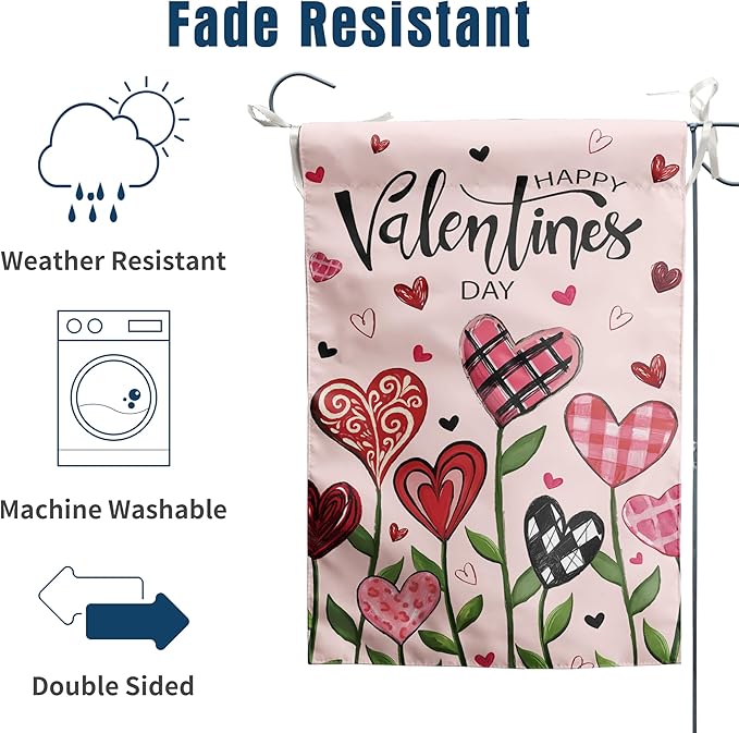 Happy Valentines Day Garden Flag Love Heart Floral Banner 12x18 Inch Double Sided for Outside Spring Holiday Anniversary Yard Decorative