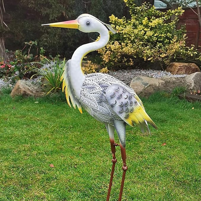 Garden Ornament Sculpture - Solar Powered Metal Garden Animal Statues, Hand Painted Solar Metal Heron, Decorative Bird Sculpture, Lawn Decor