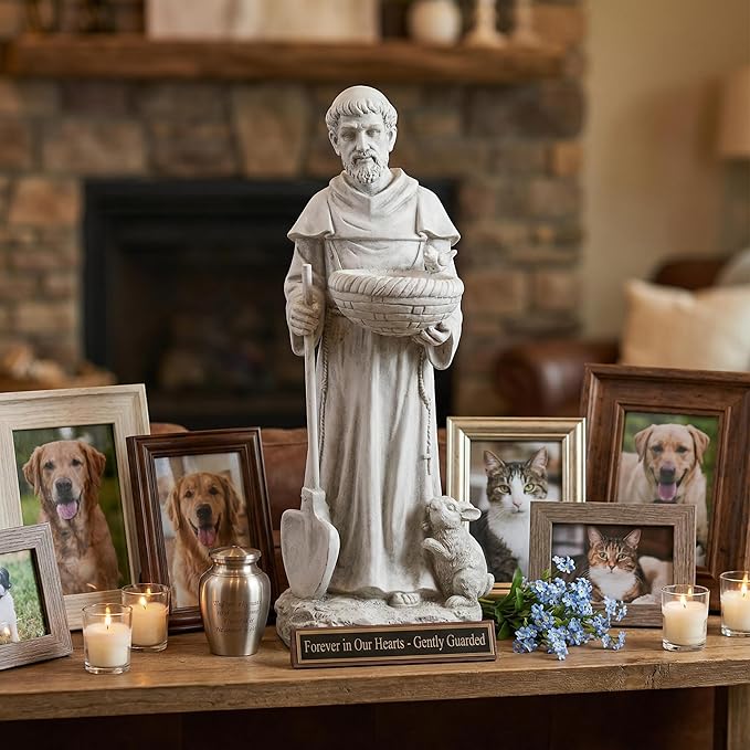 St Francis Garden Yard Decor Statues 28.74 Inch Saint Francis of Assisi Catholic Christian Lawn Patio Outdoor Sculptures Magnesium Oxide Stone Art Decorations，Dark Grey