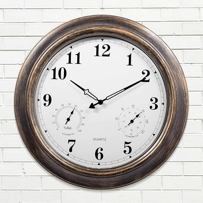 Outdoor Clocks Waterproof, 18 in Large Outdoor Clock for Patio w/Thermometer Hygrometer, Silent Battery Operated Decorative Vintage Outdise/Indoor Wall Clock for Living Room,Bathroom,Pool-Bronze