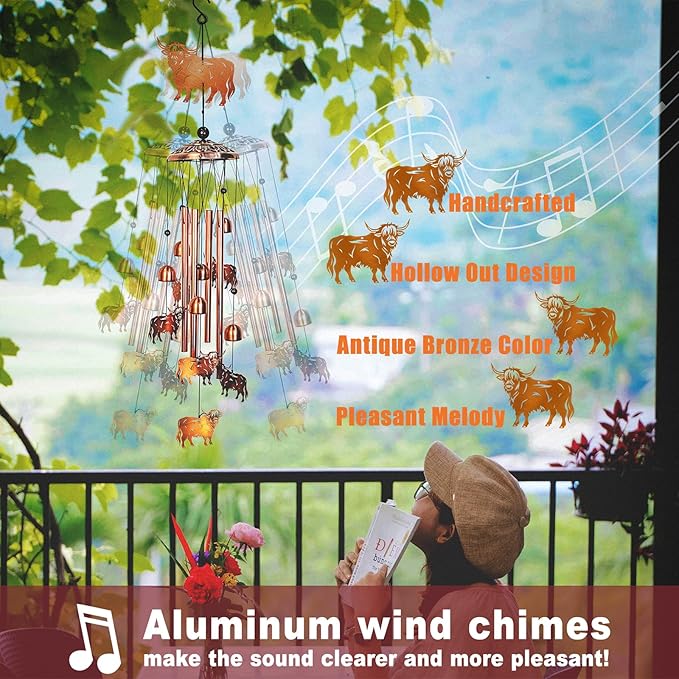 Highland Cow Wind Chimes for Outside Windchimes Outdoor/Indoor, Home, Lawn, Porch, Yard Decorations,Metal Garden Decor Highland Cow Wind Chimes Gifts for Women/Men Birthday Gifts Memorial Gift