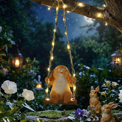 Thyle Solar Light Outdoor Bunny Statues 19" H Hanging Bunny on Swing with LED Light Spring Decorations Outdoor Resin Waterproof Hanging Animal Figurine with Hook for Yard Garden Wall Gift