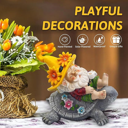 Garden Gnomes Outdoor Decor: Funny Sunflower Gnome Sitting on Turtle with Solar Lights Outside Decoration for Lawn Yard Patio Garden Gifts for Women