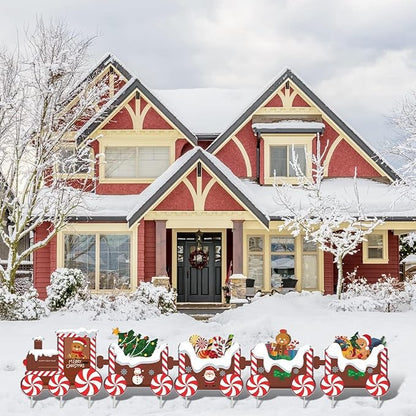 5Pcs Train Christmas Decorations Outdoor, X-mas Train Yard Signs with 8 Stakes, Gingerbread Xmas Tree Lawn Signs, Waterproof Christmas Yard Decorations Outdoor