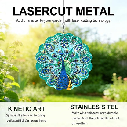 Peacock Metal Wind Spinner Outdoor 12 Inch 3D Hanging Wind Spinner for Outdoor & Indoor Decor, Garden Yard & Porch Ornament, Unique Kinetic Sculpture Gift for Women - Christmas Thanksgiving Decoration