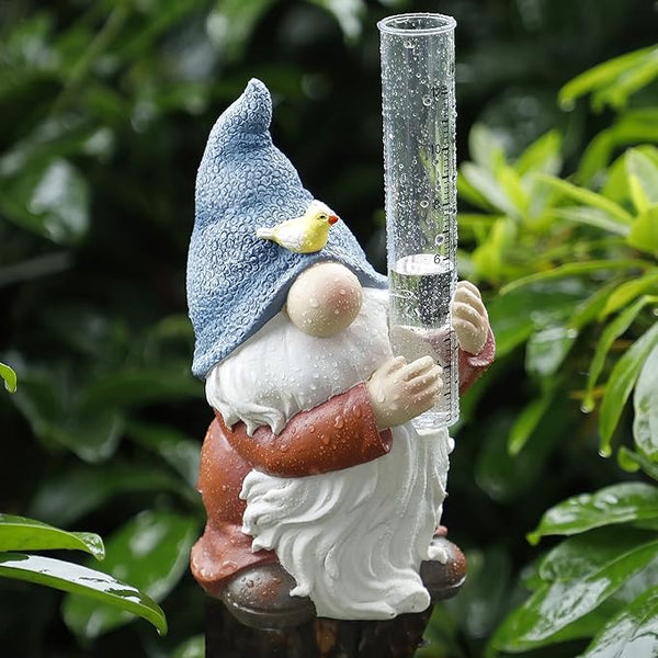 FORUP Resin Gnome Rain Gauge, Hand Painted Gnome Statue with Plastic Rain Gauge