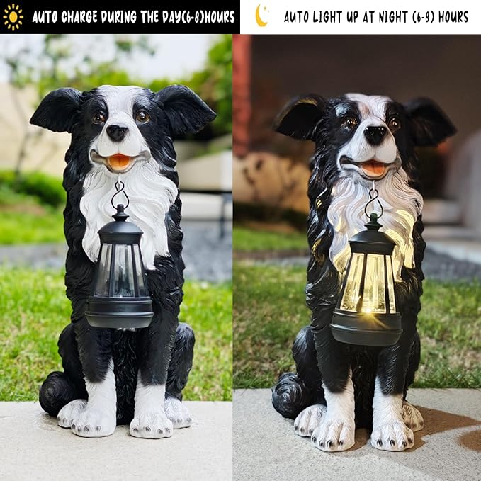 COWOS Solar Border Collie Dog Statue with Lantern, Resin Outdoor Garden Decor, Solar Powered LED Dog Sculpture for Patio Porch Yard
