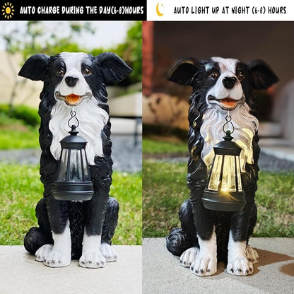COWOS Solar Border Collie Dog Statue with Lantern, Resin Outdoor Garden Decor, Solar Powered LED Dog Sculpture for Patio Porch Yard