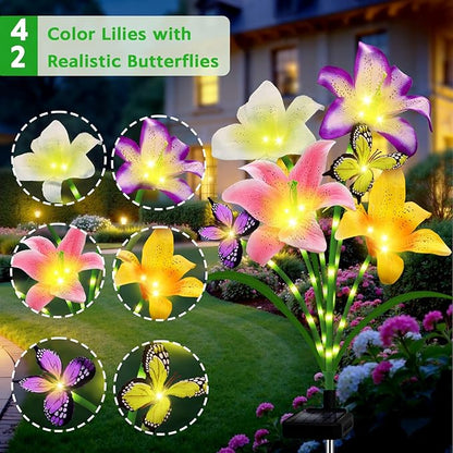 Solar Garden Lights 4 Pack 16 Lily Flowers with Butterfly Decor, for Mom Woman Birthday Solar Flower Lights for Outside - Decorative Lilies for Yard, Patio, Pathway