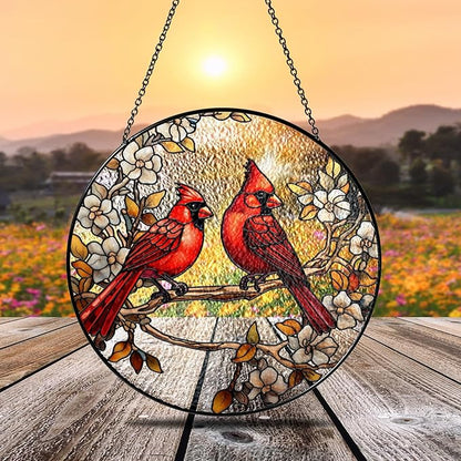 7.8" Cardinals Stained Glass Suncatcher, Red Birds Suncatcher for Window Hanging, Decor for Home Garden Housewarming, Cardinal Gift for Women, Girl, Mom, Grandma, Friend BIRD-41B-SG8