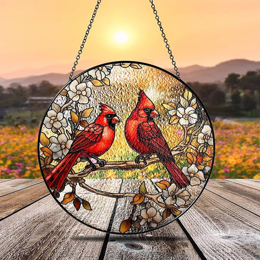 7.8" Cardinals Stained Glass Suncatcher, Red Birds Suncatcher for Window Hanging, Decor for Home Garden Housewarming, Cardinal Gift for Women, Girl, Mom, Grandma, Friend BIRD-41B-SG8