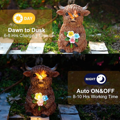 Solar Highland Cow Outdoor Statue, Garden Sculpture with Lighted Butterfly & Flowers Decor, Highland Cow Figurine for Patio Yard Lawn Ornaments for Birthday