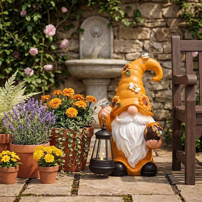 VIHOSE Solar Garden Gnomes Outdoor Decor 8'' Spring Resin Gnome Figurine Holding Lantern with Solar LED Lights for Yard Patio Lawn Decorations Best Gifts for Mother's Day Housewarming