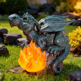 Solar Dragon Garden Decor, Porch Dragon Statue with Fiery Light - 6.8 inch Lawn Ornaments, Outdoor Decorative Art Gift for Patio, Yard, Backyard, Porch