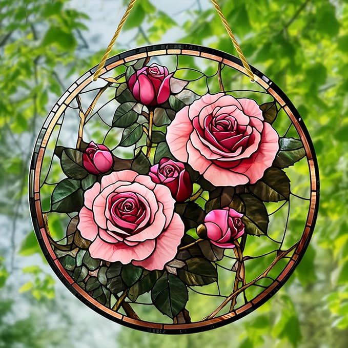 Valentine's Day SunCatcher Ornament for Stained Glass Window Hanging Pink Rose Romantic Valentine's Window Suncatchers Round Garden Ornaments Decor for Wife Women Girlfriend Gift