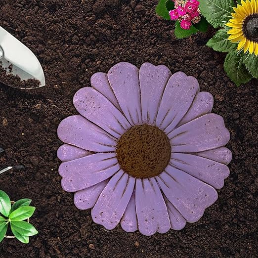 Landoraloria Cement Flower Stepping Stone 10” Daisy Garden Path Stone for Yard & Walkway Handcrafted Non-Slip Outdoor Patio Decor Weather-Resistant Cement Stone (Purple)