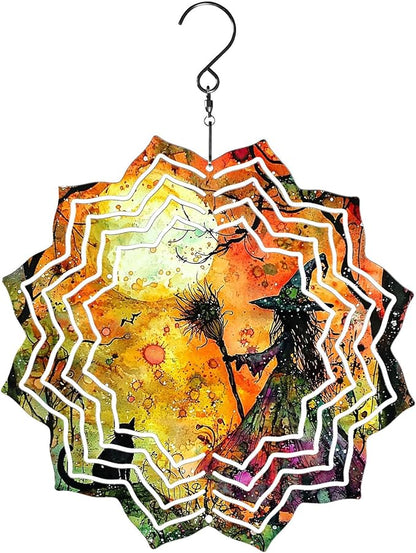 8 Inch Sublimation Wind Spinner, 3D Aluminum Metal Wind Spinner with Hook, Indoor Yard Garden Hanging Decoration, Weather Resistant Rotating Spiral Ornament, Witch and Black Cat
