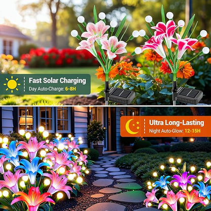 WdtPro Upgraded Solar Garden Lights Outdoor: 4 Pack Solar Firefly Swaying Light with Colorful LED Lily Flower, Waterproof Garden Decor for Yard Patio Pathway Lawn, Gifts for Women (2 Rosy+2 Pink)