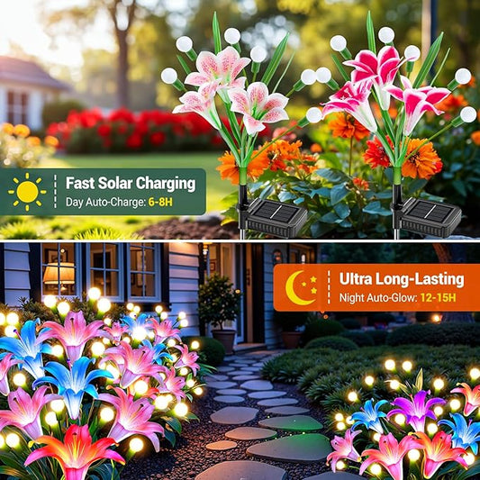 WdtPro Upgraded Solar Garden Lights Outdoor: 4 Pack Solar Firefly Swaying Light with Colorful LED Lily Flower, Waterproof Garden Decor for Yard Patio Pathway Lawn, Gifts for Women (2 Rosy+2 Pink)