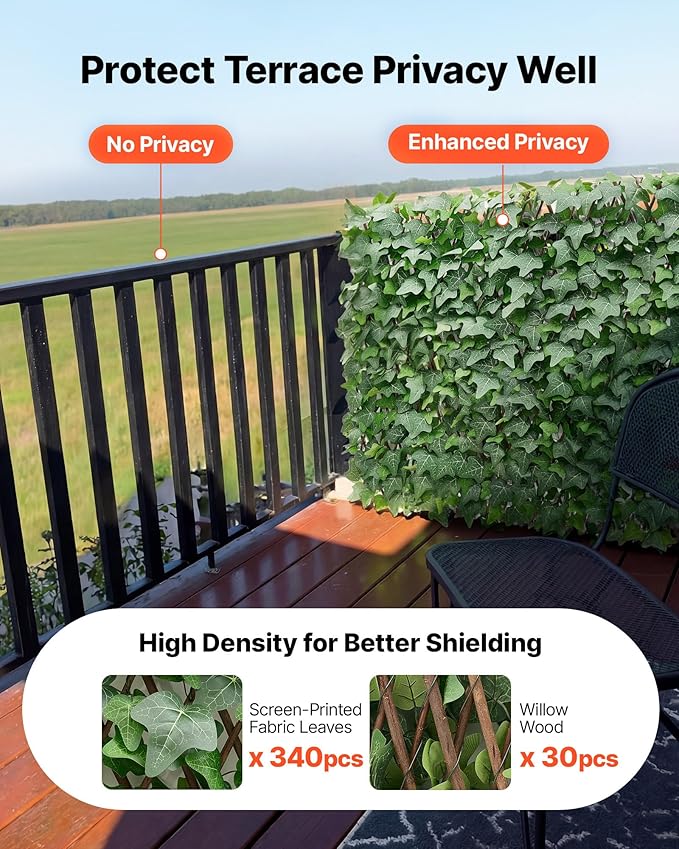VEVOR Expandable Fence Privacy Screen, 25 x 126 in Expand Artificial Plant Wall, Realistic Artificial Ivy Panel with 50 Zip Ties, Decorative Faux Greenery Backdrop Hedges for Balcony Patio Outdoor