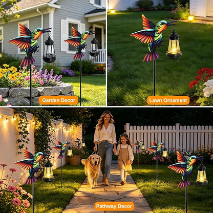 ANGMLN Hummingbird Solar Lights Outdoor, Hanging Lantern Waterproof, Birthday Gifts for Women Mom Mother's Day, Metal Garden Statue Yard Decor Patio Pathway Backyard Lawn Ornaments