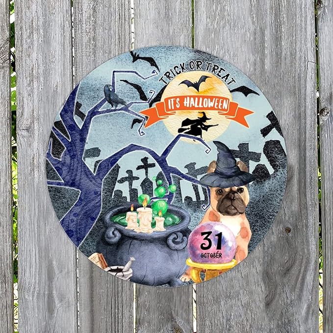 Retro Metal Sign 12"x12",Happy Halloween Scary Night Grave Witch Bats Trick Or Treat Dog Aluminum Tin Metal Sign for Home Living Room Bedroom Garden Farm Patio Decor Wall Art Poster