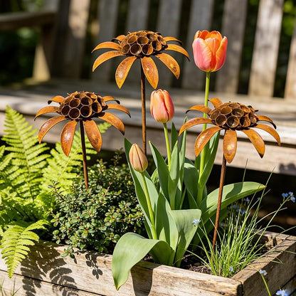 Metal Flowers for Outside, Decorative Garden Stakes, Flower Bed Decorations Outdoor, Metal Garden Flowers Sculpture for Lawn Porch Pathway Patio