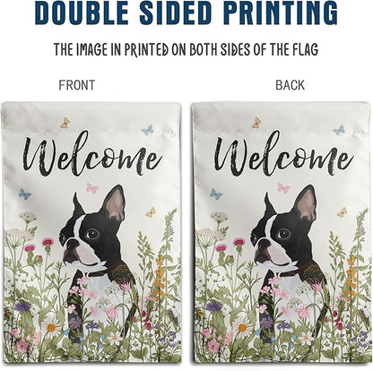 Spring Summer Garden Flag Floral Boston Terrier Yard Flag Flower Dog Garden Flags for Outside Small Outdoor Welcome Flags 12x18 Double Sided