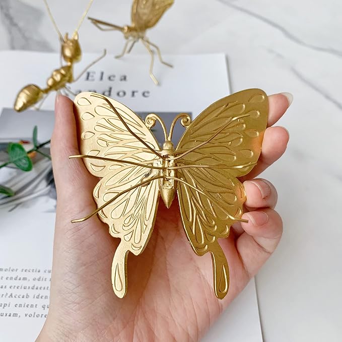 Gold Butterfly Sculpture - Solid Metal Insect Ornament - Mini Butterfly Figurine for Home, Office, Garden & Desktop Decor