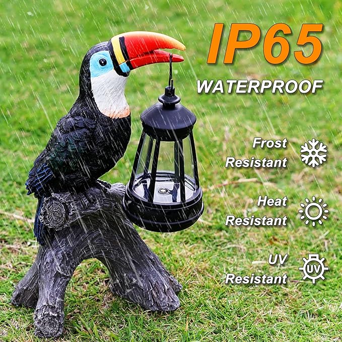 Spring Toucan Garden Statues Decor, Solar Waterproof 9.5" Colorful Tropical Bird Sculpture with LED Lights Funny Garden Outdoor Exotic Bird Sculpture Decoration for Lawn Porch Yard Patio Tiki Bar