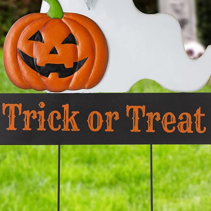 Glitzhome Lighted Metal Ghost Halloween Yard Stake or Wall Hanging Decor, 32" H, White