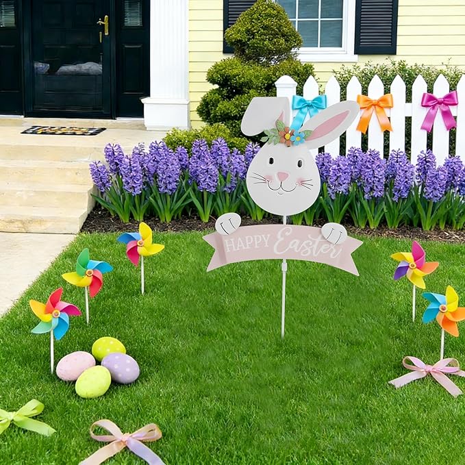 Easter Decorations Outdoor Metal Bunny Decorative Garden Stakes Happy Easter Decor Outdoor 3D Spring Yard Decor Farmhouse Rabbit for Home Outside Lawn Front Porch Happy Easter Yard Sign