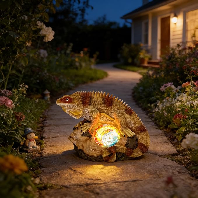 Solar Chameleon Garden Statues Decor for Outdoor, Khaki Chameleon Figurine Lights for Lawn Patio Yard Decoration - Unique Christmas Housewarming Gifts for Grandma Wowen Mom