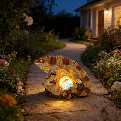Solar Chameleon Garden Statues Decor for Outdoor, Khaki Chameleon Figurine Lights for Lawn Patio Yard Decoration - Unique Christmas Housewarming Gifts for Grandma Wowen Mom