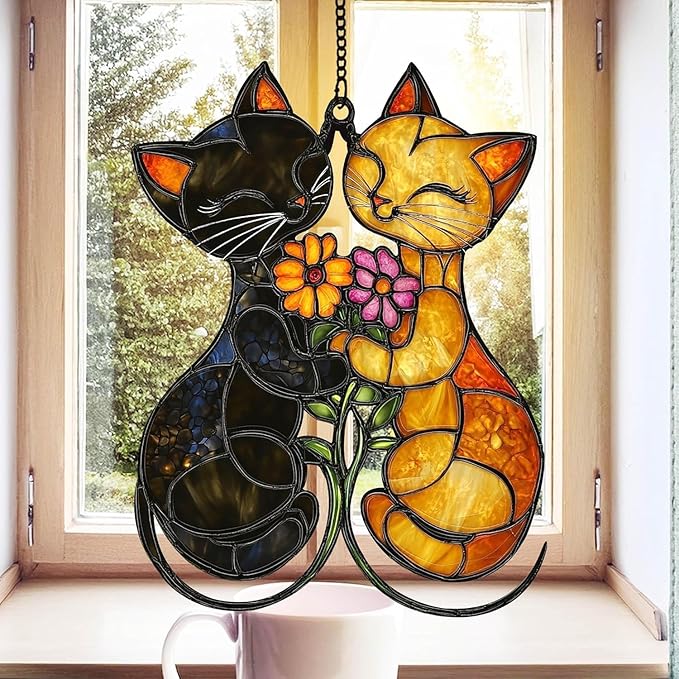 Cats Couple Handmade Resin Suncatchers Artisan Sun Catcher Stained Glass Effect Window Hanging Garden Decor Valentine for Mom