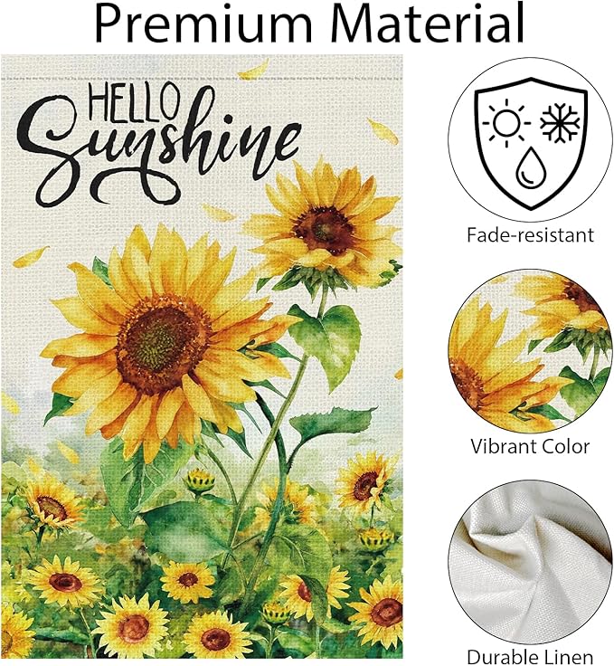 Spring Summer Sunflower Garden Flag 12x18 Inch Double Sided Burlap for Outside，Hello Sunshine Yard Sign Seasonal Holiday Outdoor Decoration