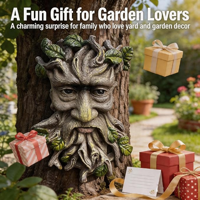 Tree Faces Decor Outdoor, Whimsical Old Man Resin Statue with Foliage Features, Large Outdoor Tree Hugger for Yard Art, Root Detail, Trees Decorations Outdoor Wallmounted Statue